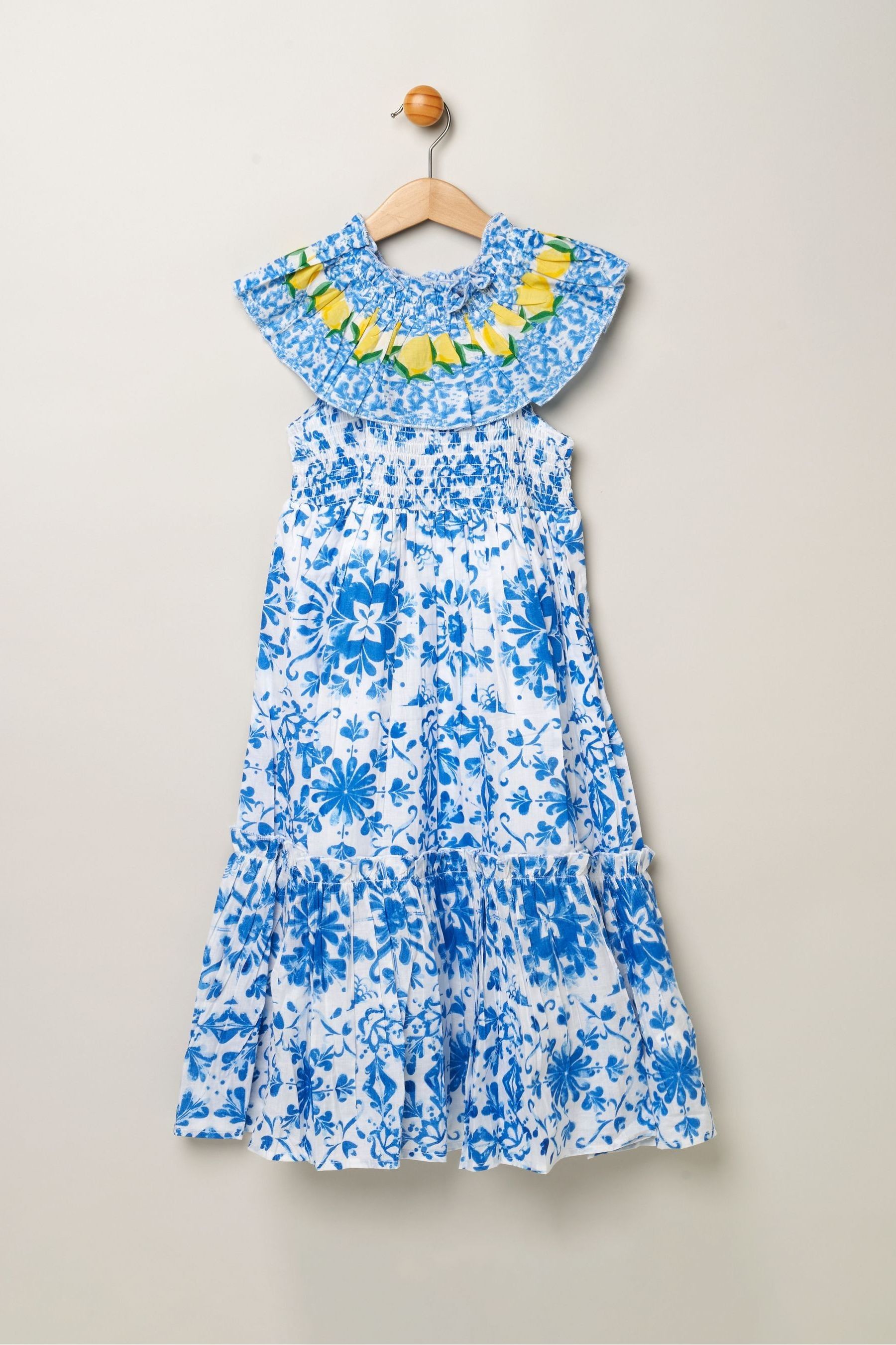 Miss Blue 100 Cotton Tile Print Dress With Lemon Detail 910years Girls