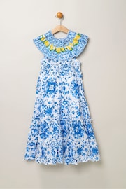 Miss Blue Tile Print Dress With Lemon Detail - Image 1 of 3