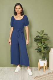 Mela Blue Square Neck Puff Sleeve Culotte Jumpsuit - Image 1 of 4