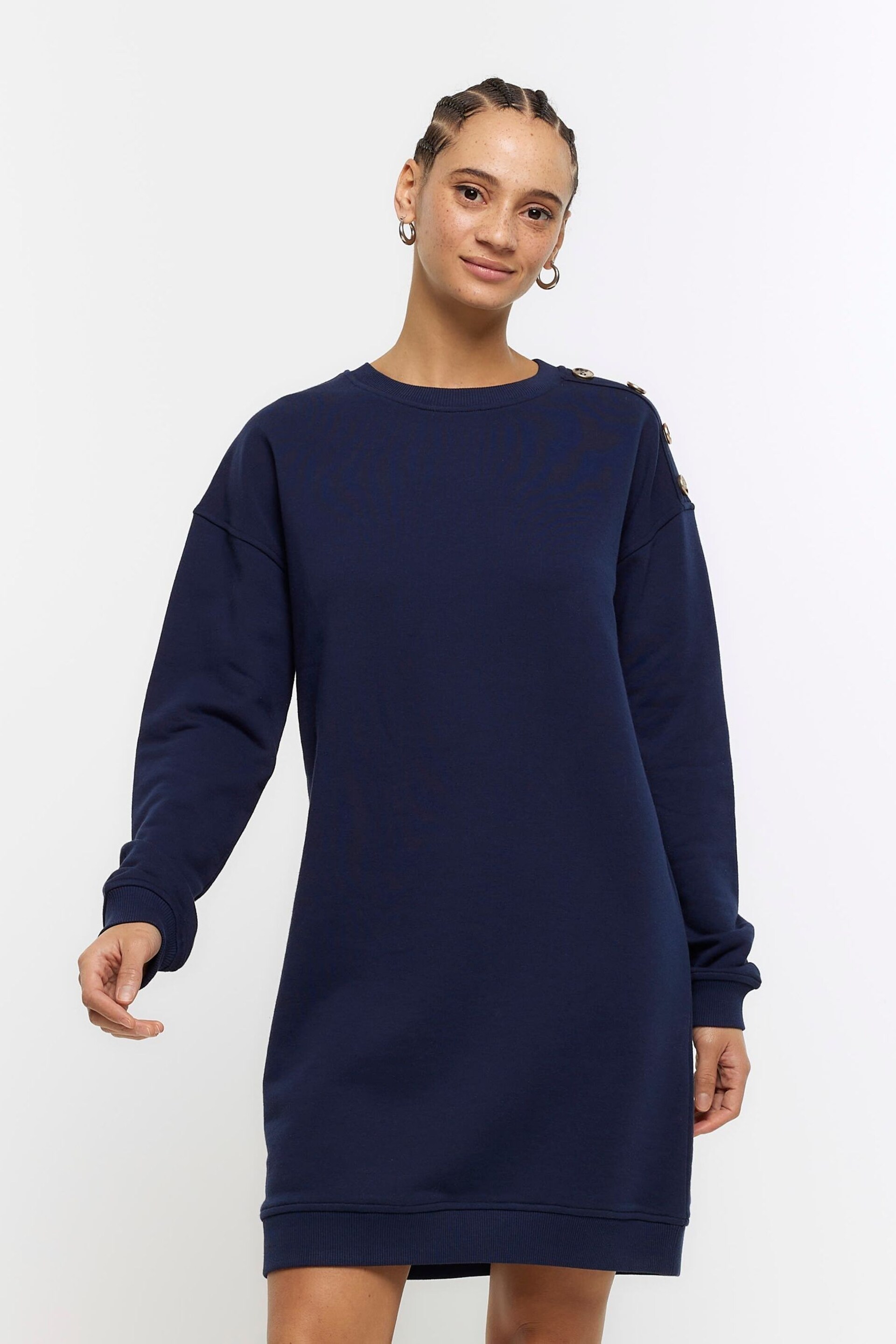 River Island Navy Button Detail Sweatshirt Mini Dress - Image 1 of 6