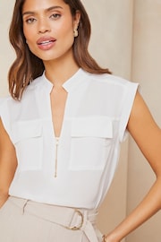 Lipsy White Zip Front Sleeveless Utility Pocket Blouse - Image 3 of 4