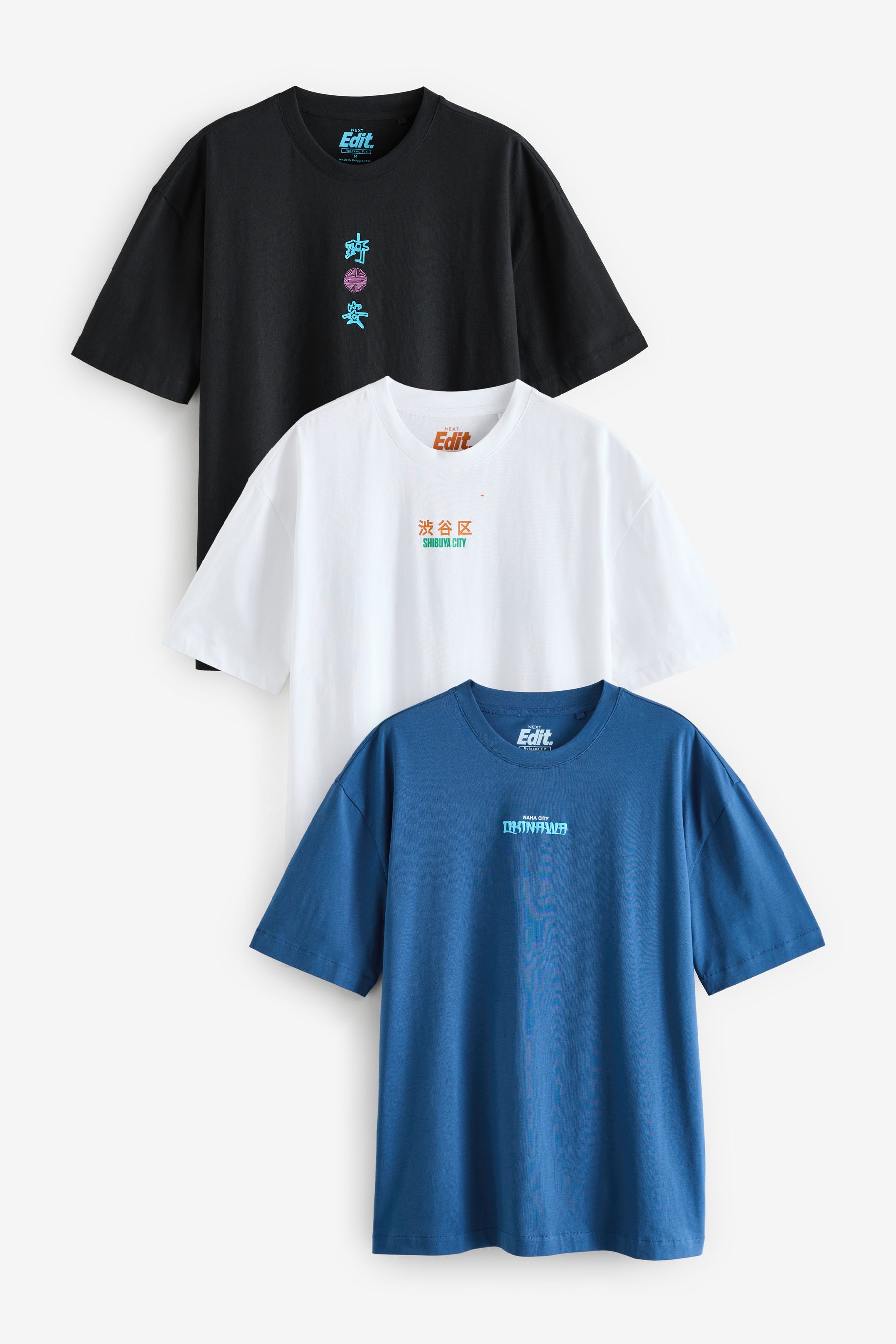 Black Blue White Japanese 3 Pack Relaxed Fit Graphic Print Heavyweight 100 Cotton T Shirts 3 Pack