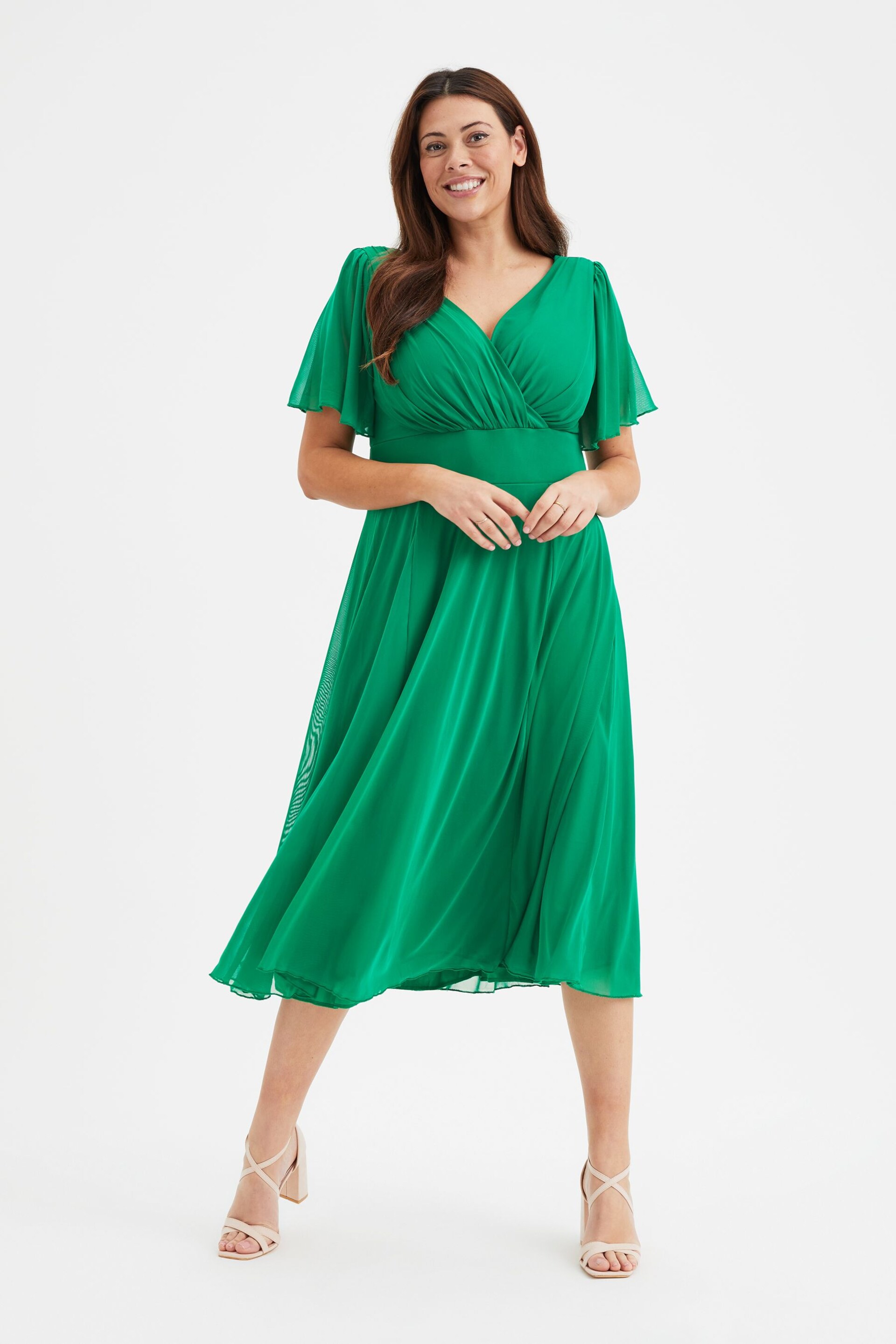 Scarlett & Jo Green Victoria Angel Sleeve Mesh Midi long Dress - Image 1 of 4