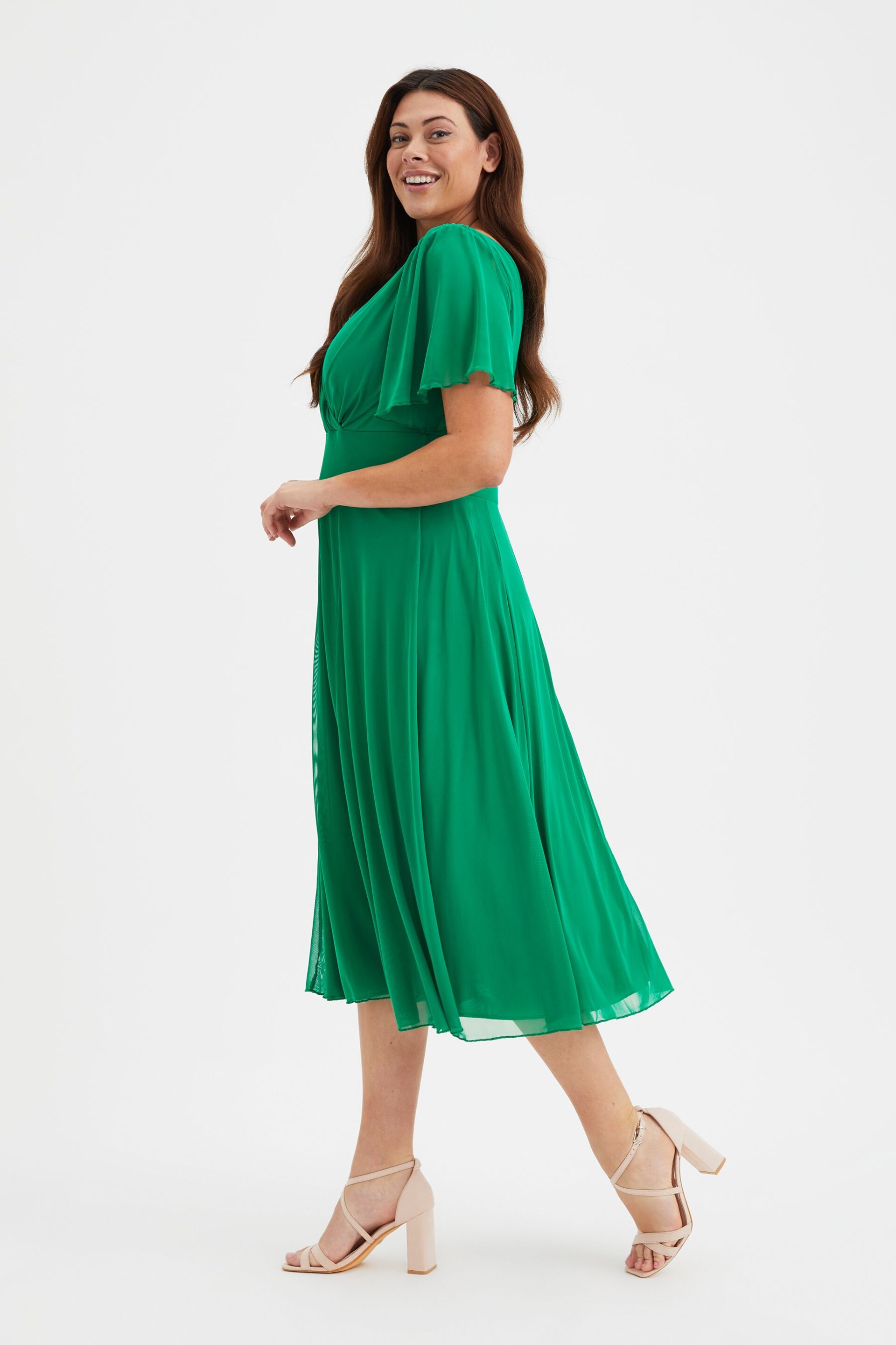 Scarlett & Jo Green Victoria Angel Sleeve Mesh Midi long Dress - Image 3 of 4