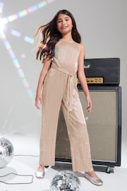 Lipsy Silver Halterneck Metallic Pleated Jumpsuit (5-16yrs) - Image 1 of 4