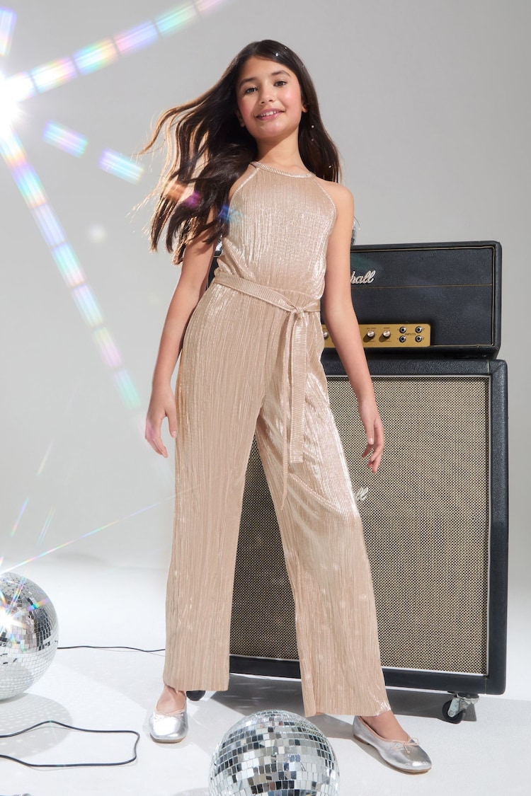 Lipsy Silver Halterneck Metallic Pleated Jumpsuit (5-16yrs) - Image 1 of 4