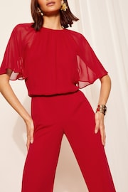 Friends Like These Red Chiffon Flutter Sleeve Wide Leg Jumpsuit - Image 2 of 4