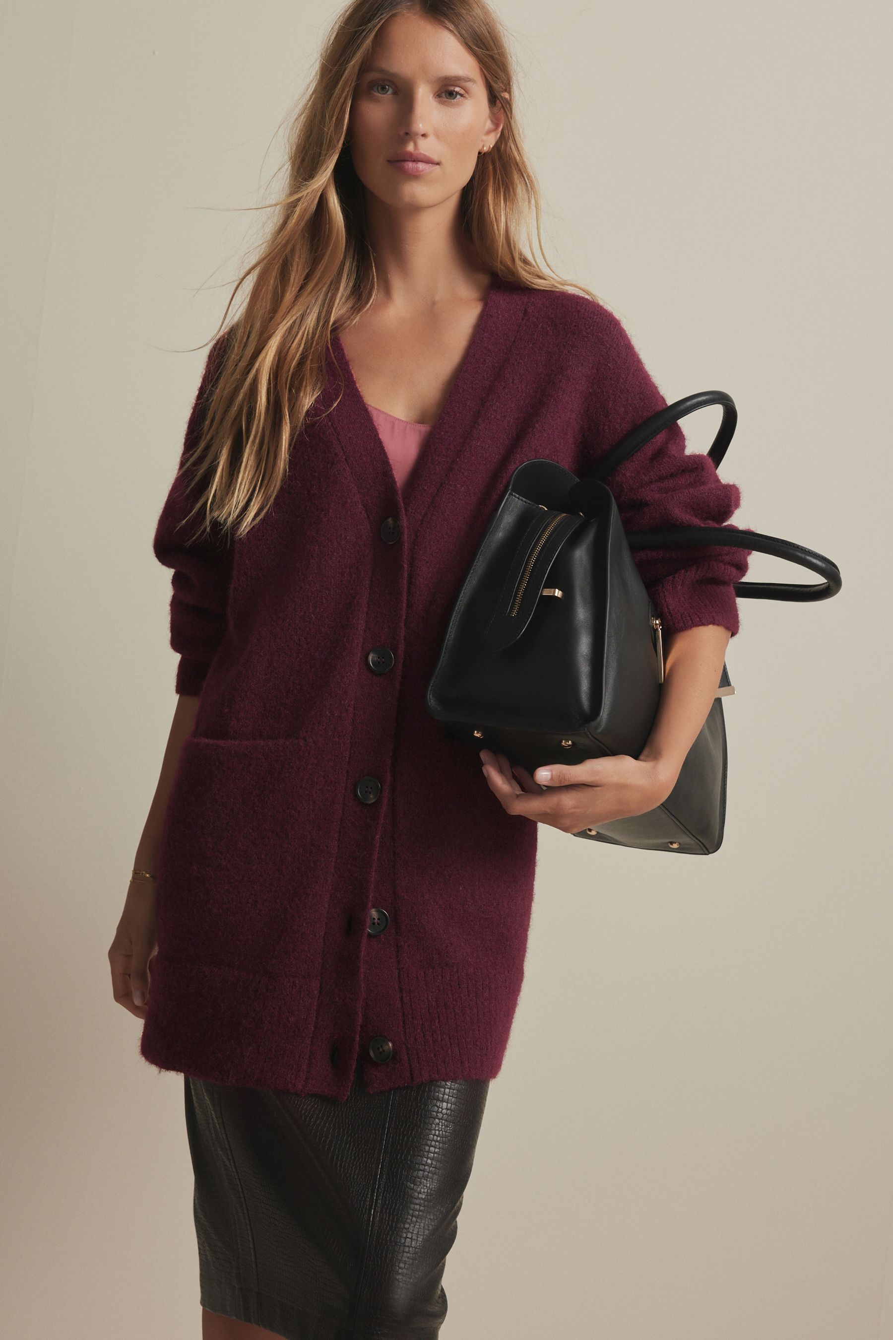 Buy Red Berry Relaxed Fit Oversized Longline Button Knitted Cardigan from Next Luxembourg
