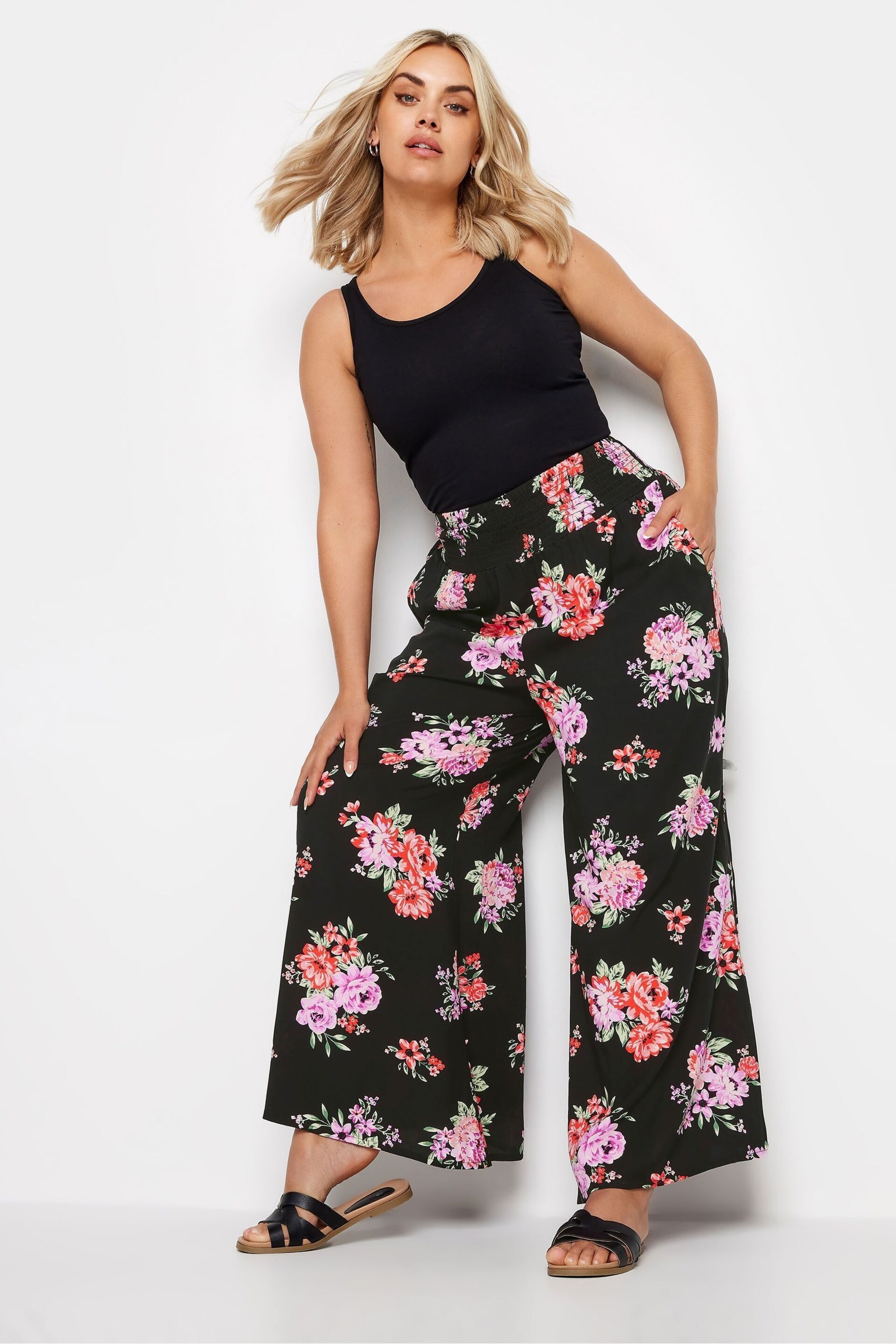 Yours Curve Black Floral Bloom Print Shirred Wide Leg Trousers - Image 2 of 5