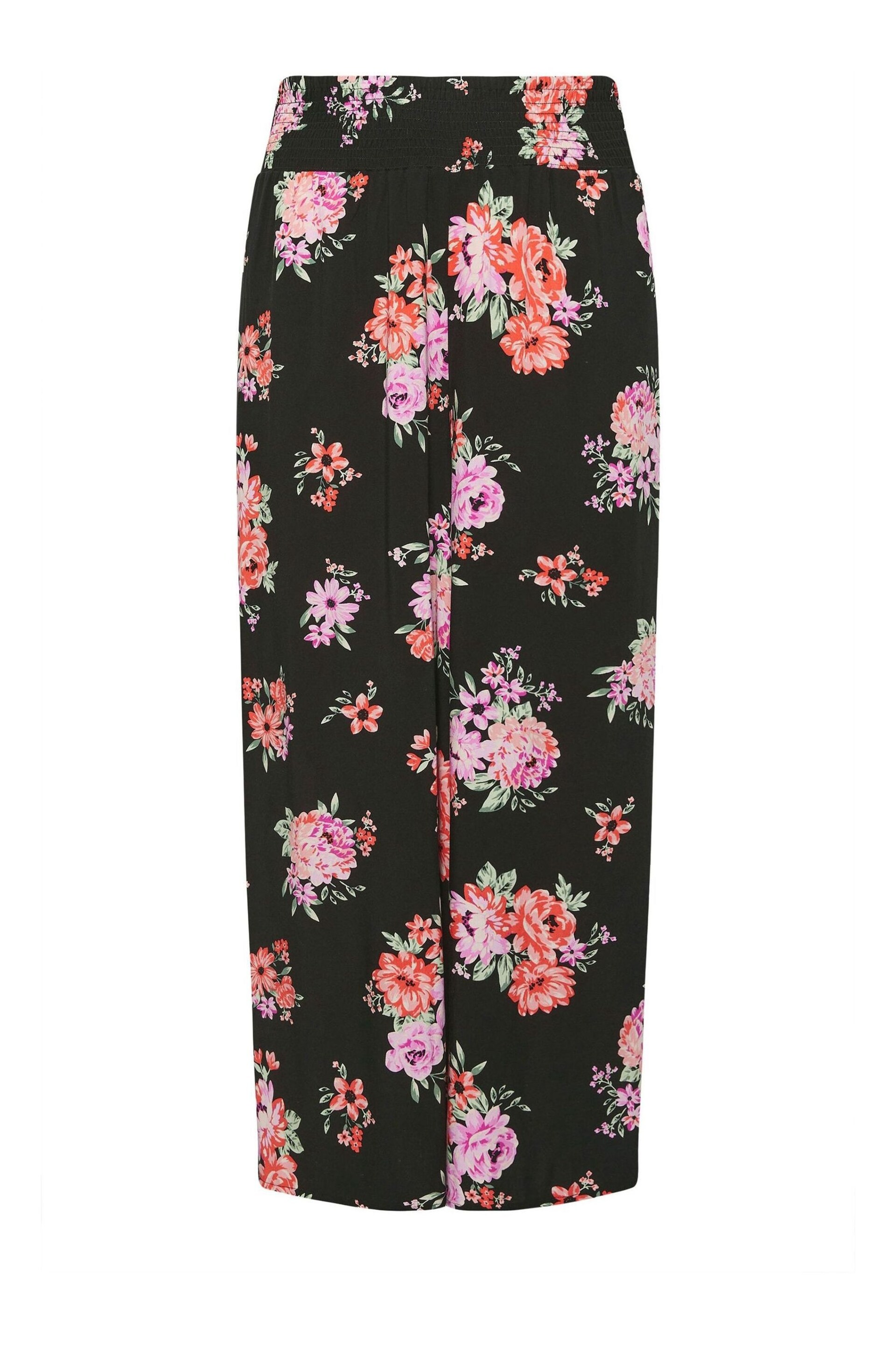 Yours Curve Black Floral Bloom Print Shirred Wide Leg Trousers - Image 5 of 5