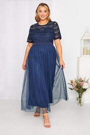 Yours Curve Blue Long Sleeve Sweetheart Lace Mesh Dress - Image 1 of 4