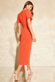 Lipsy Coral pink Ruched Button Front Sleeved Midi Dress - Image 4 of 4
