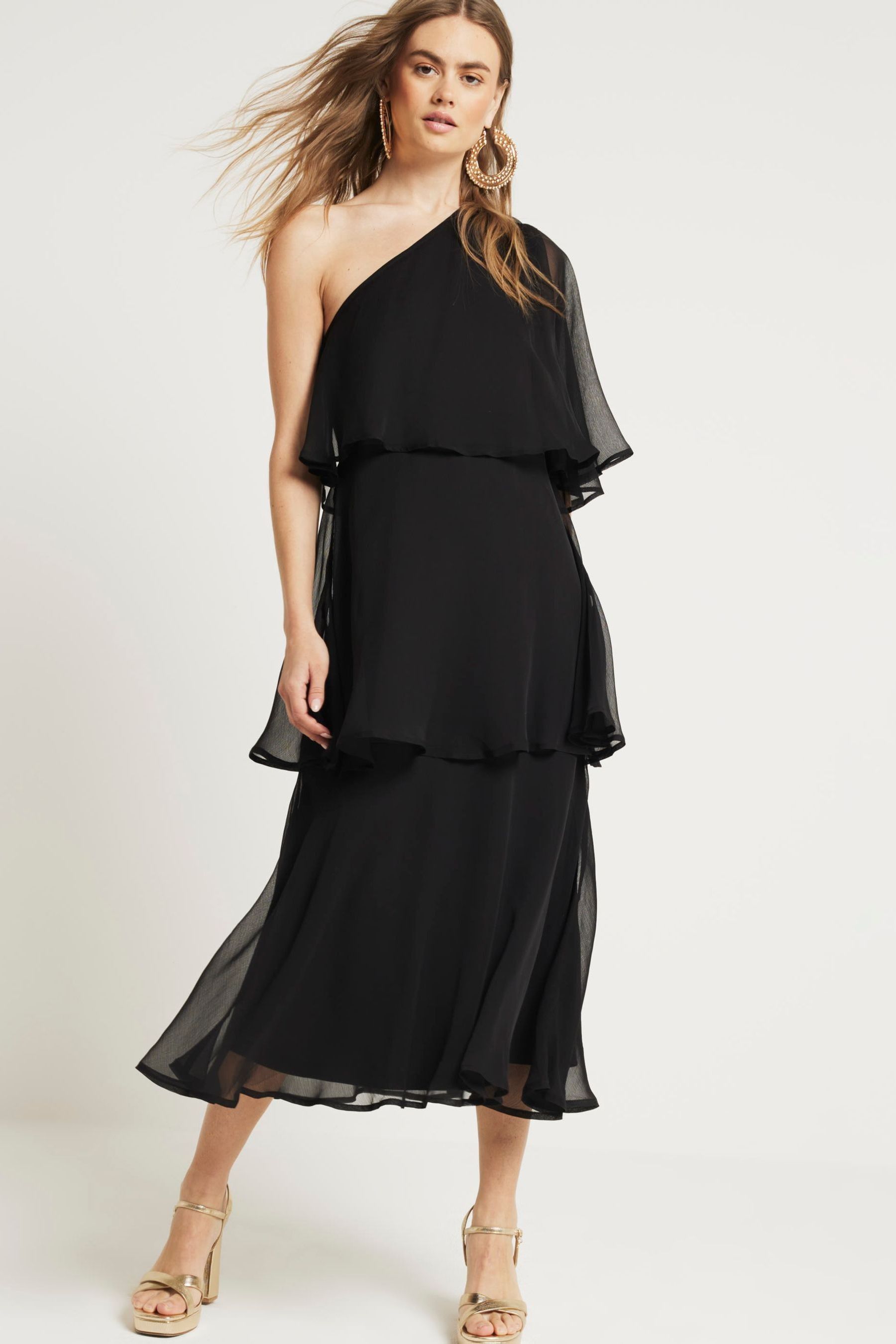 Buy River Island Black One Shoulder Tiered Midaxi Dress from the Next UK online shop