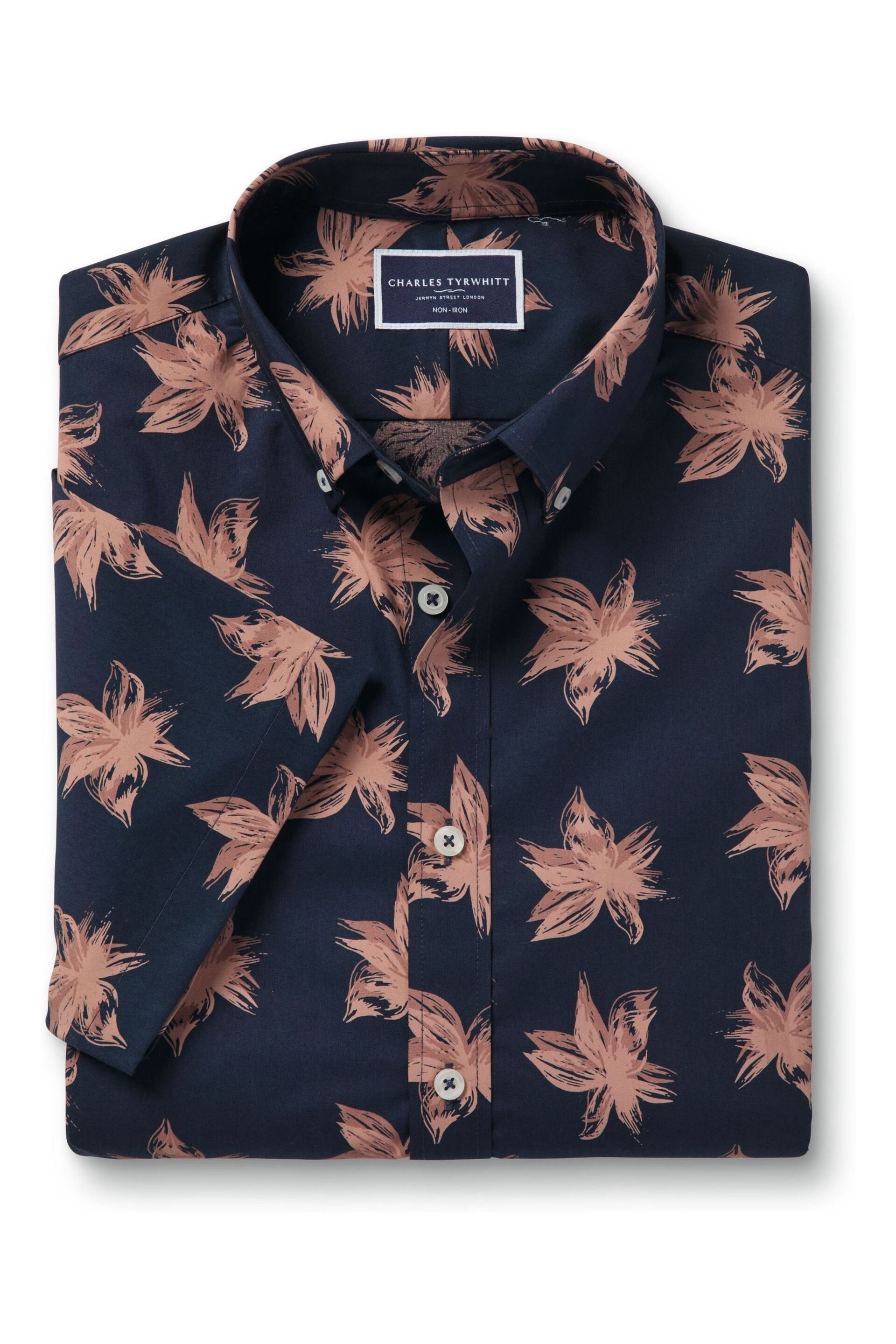 Charles Tyrwhitt Blue Large Classic Fit Non Iron Short Sleeve Floral Print Shirt - Image 3 of 5
