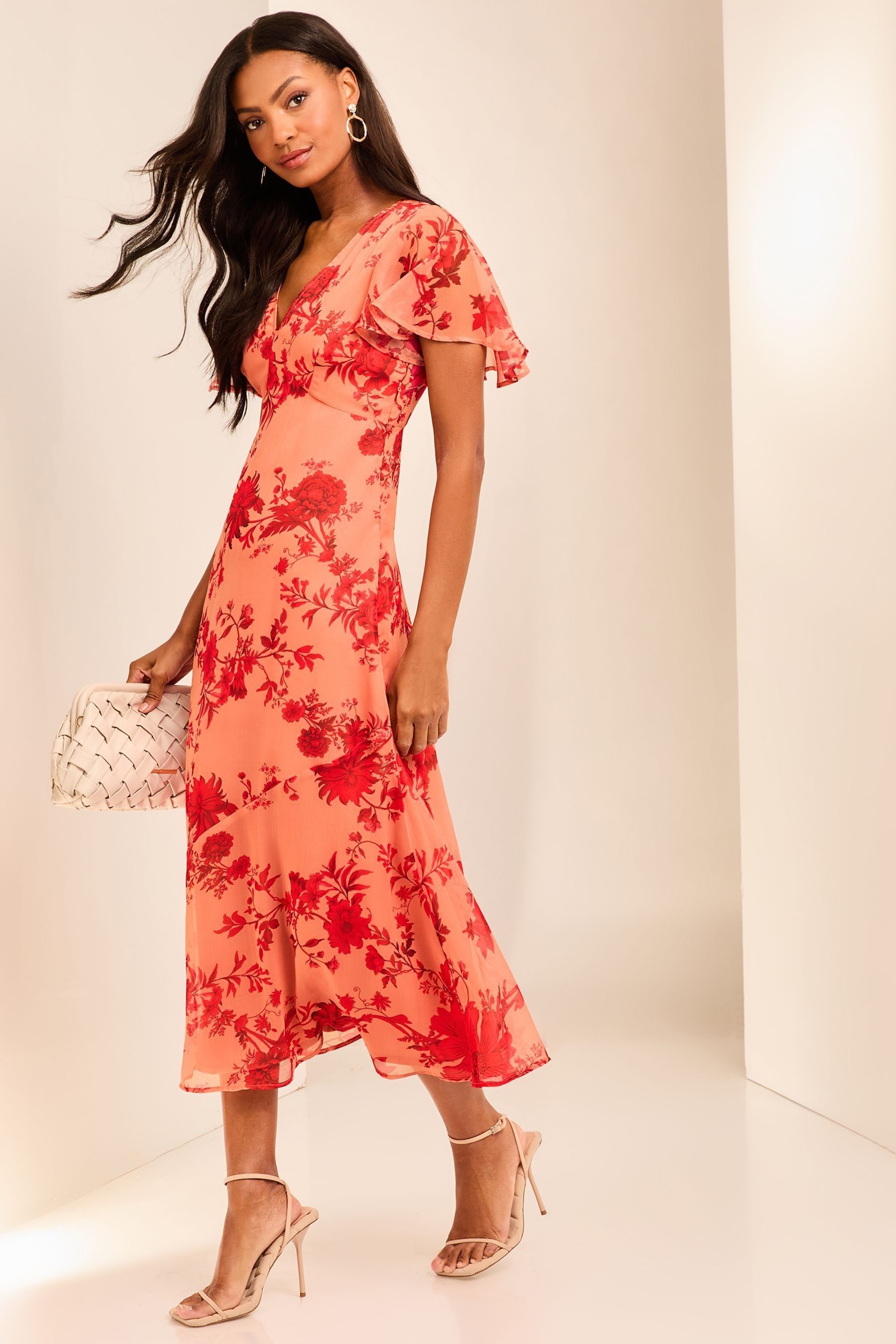 Red floral chiffon dress top