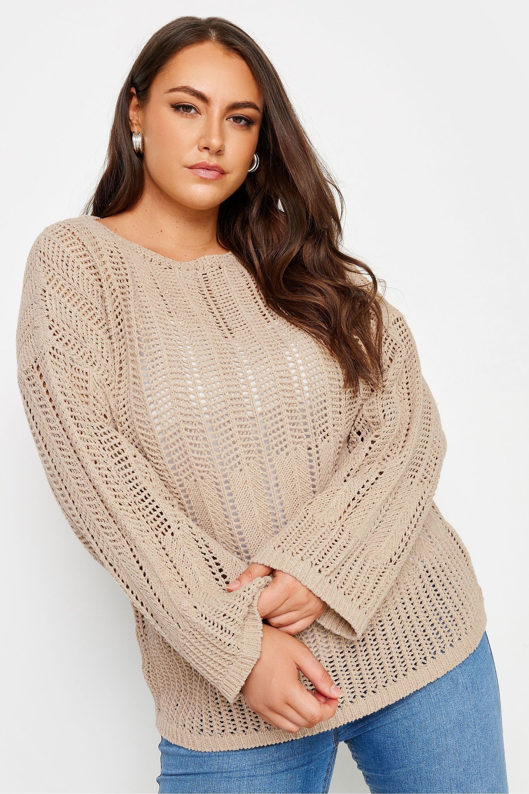Yours Curve Natural Flare Sleeve Pointelle Jumper 26 Womens
