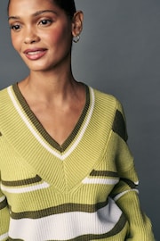 Olive Green Relaxed Fit Ribbed V-Neck Knitted Jumper - Image 5 of 8