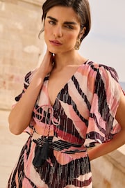 Love & Roses Pink Printed Ruched Flutter Sleeve Midi Dress - Image 2 of 4