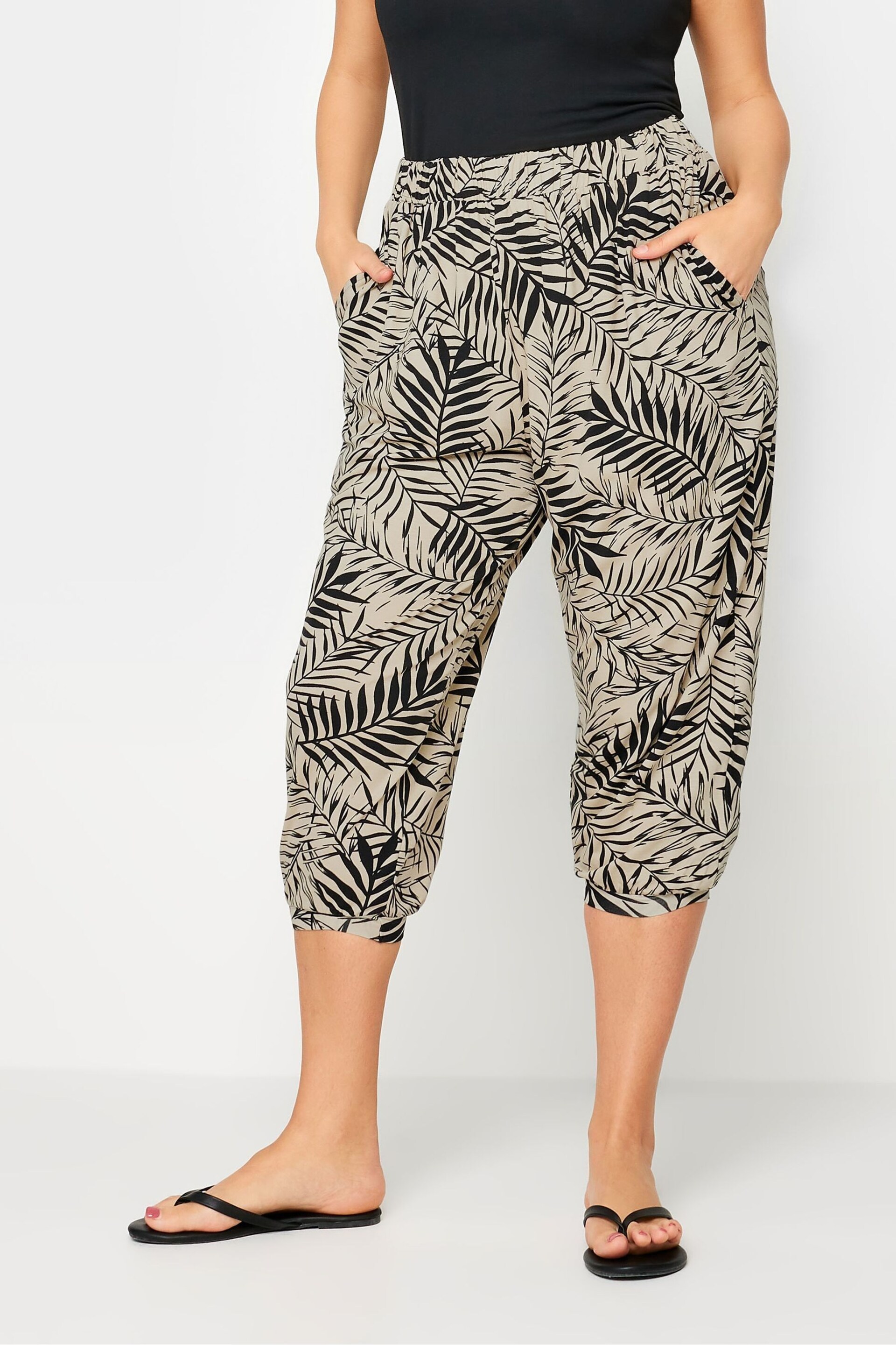 Yours Curve Beige Brown Leaf Print Cropped Harem Trousers - Image 1 of 5