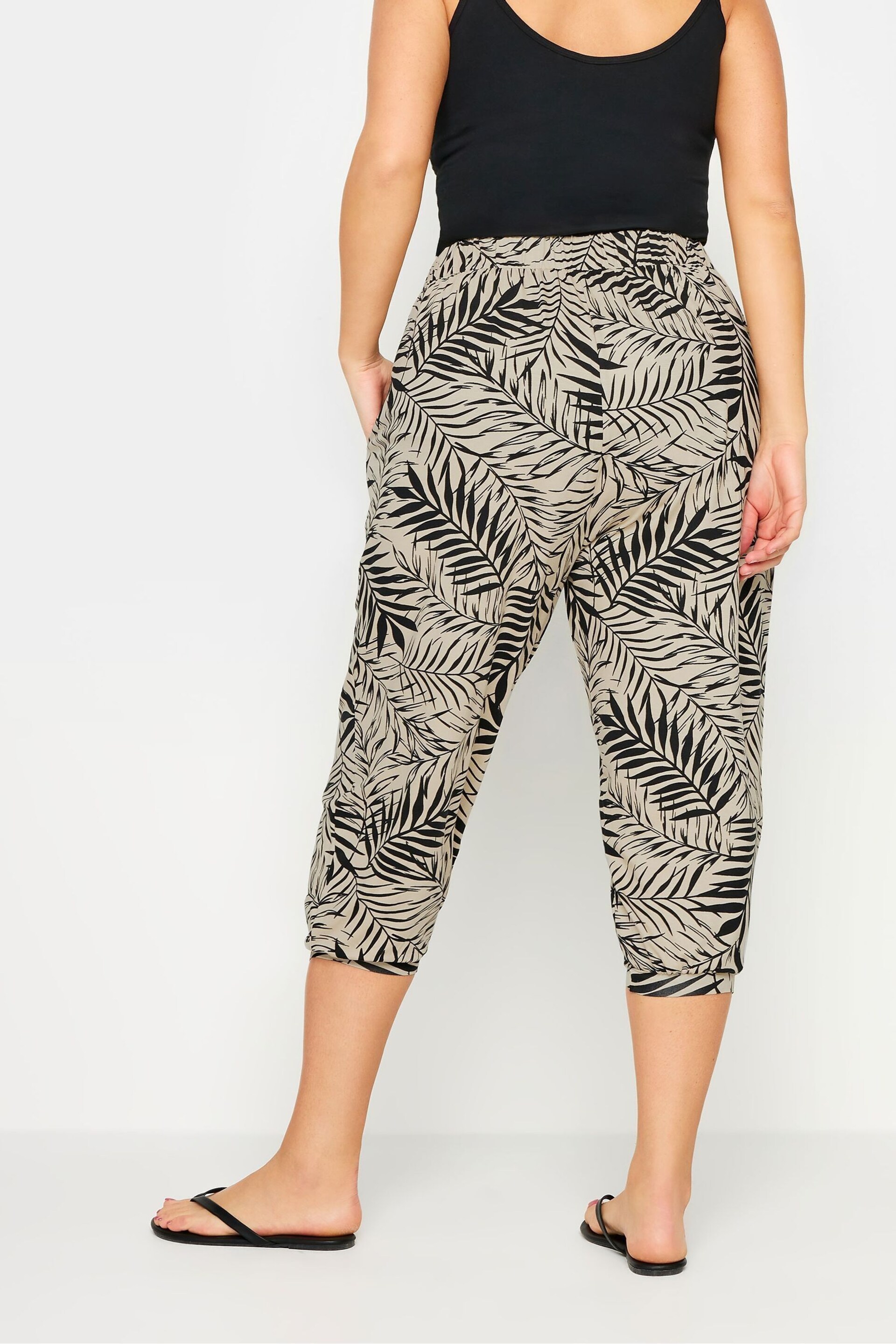 Yours Curve Beige Brown Leaf Print Cropped Harem Trousers - Image 3 of 5