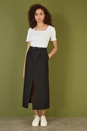 Yumi Black Cotton Midi Skirt With Belt And Split Hem - Image 2 of 3