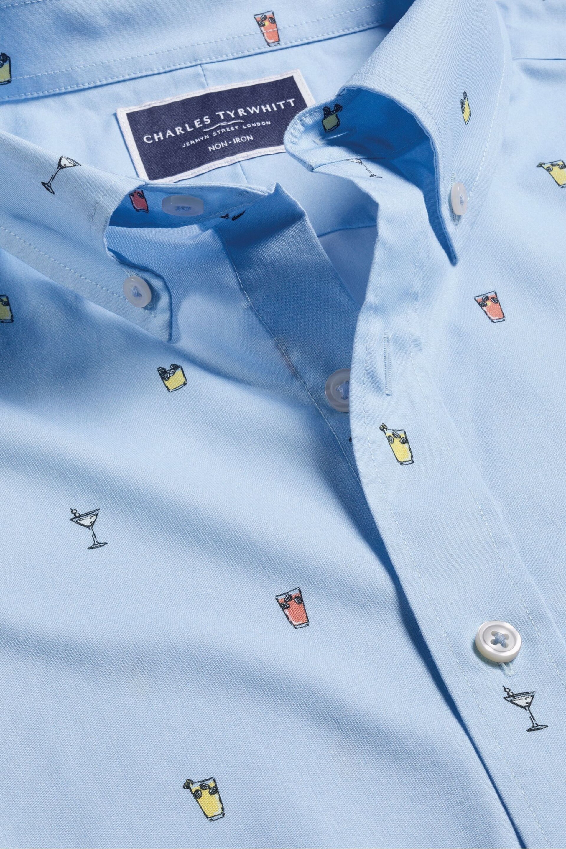 Charles Tyrwhitt Blue Slim Fit Non Iron Short Sleeve Cocktail Print Shirt - Image 4 of 5