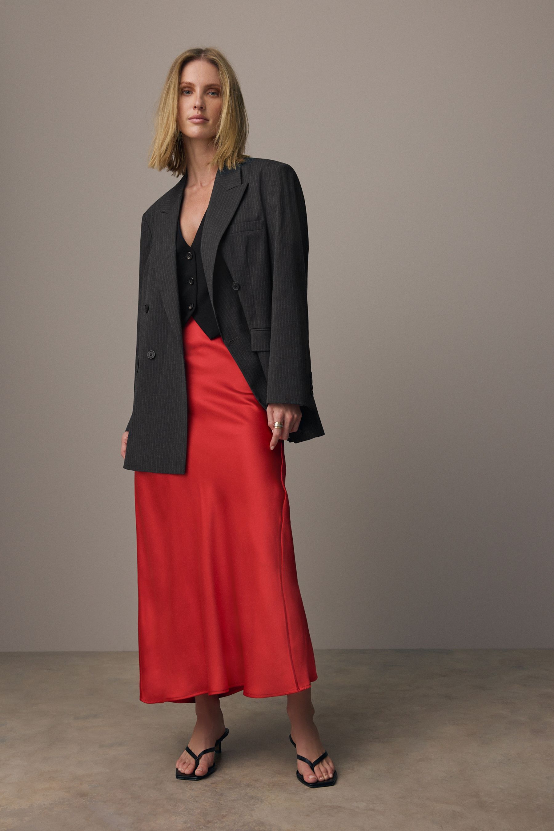 Red Satin Midi Skirt