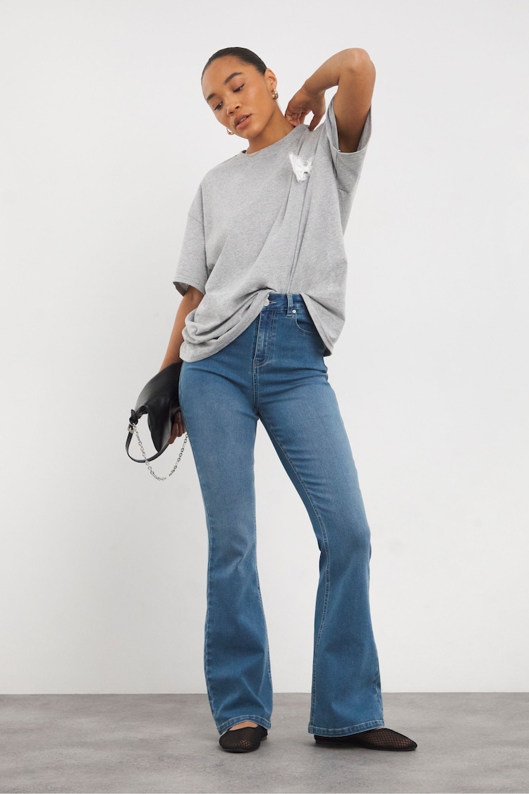 Simply Be Blue Kim High Waisted Super Stretch Flared Jeans - Image 1 of 5