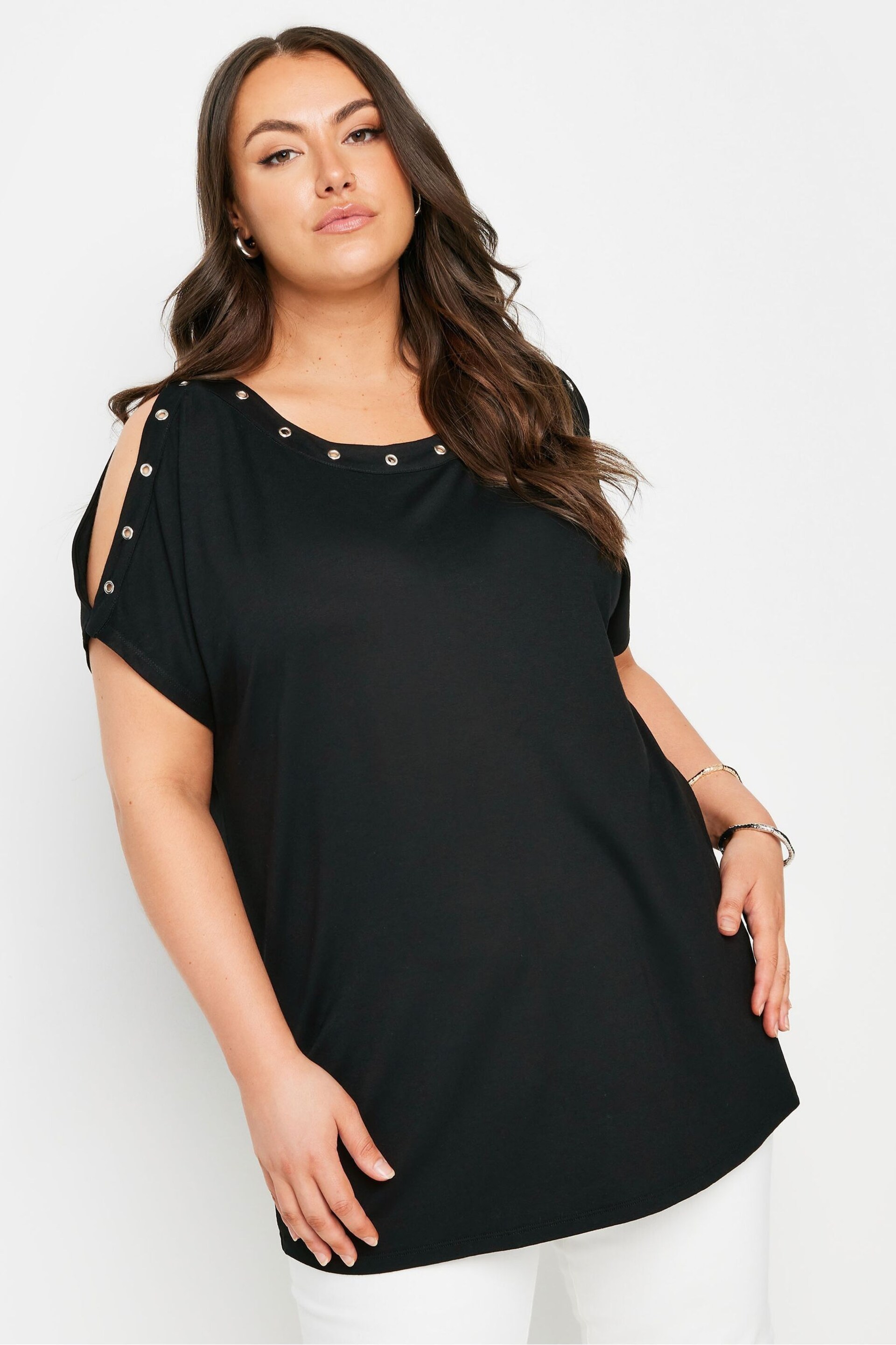 Yours Curve Black Eyelet Detail Cold Shoulder Top - Image 1 of 5