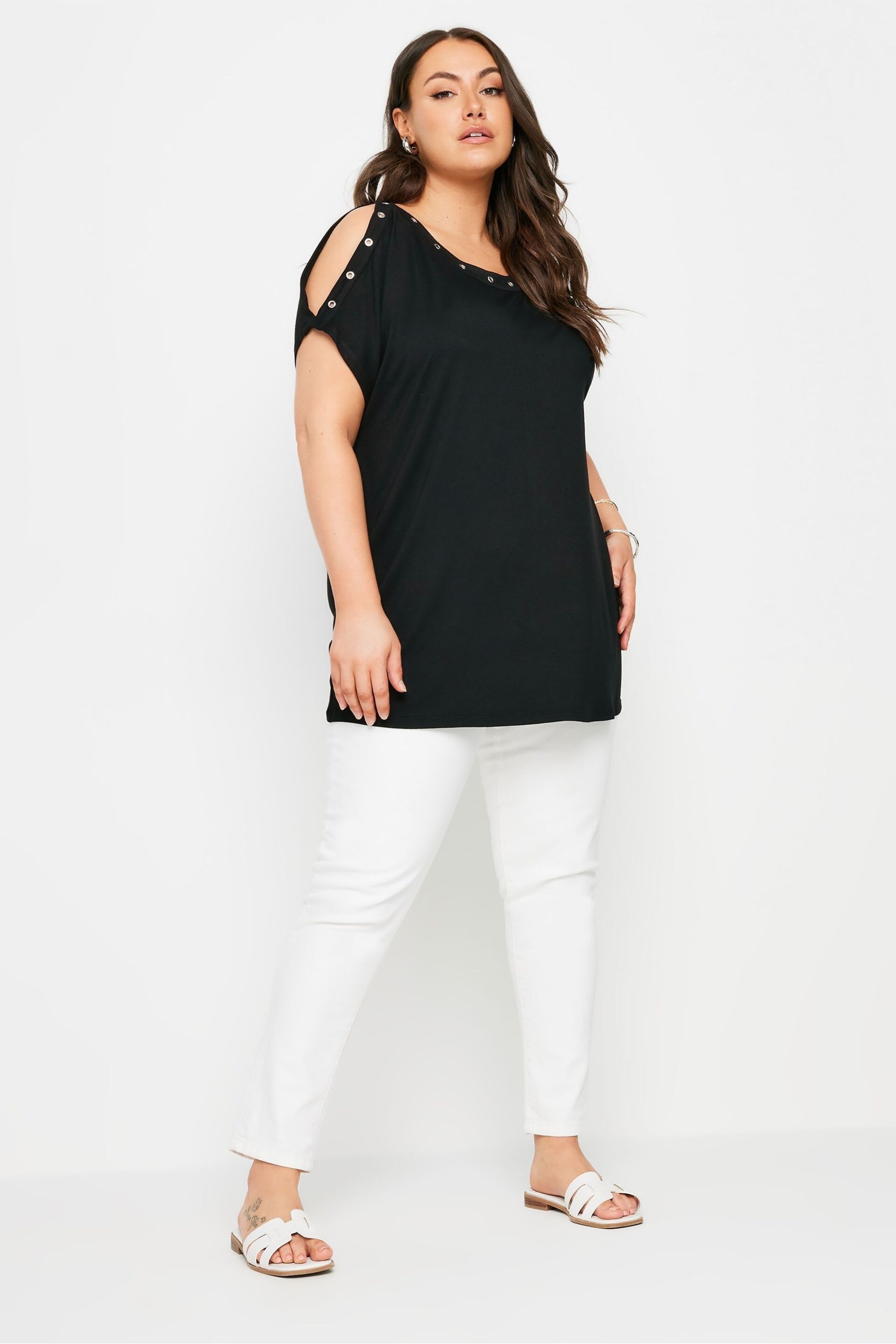 Yours Curve Black Eyelet Detail Cold Shoulder Top - Image 2 of 5