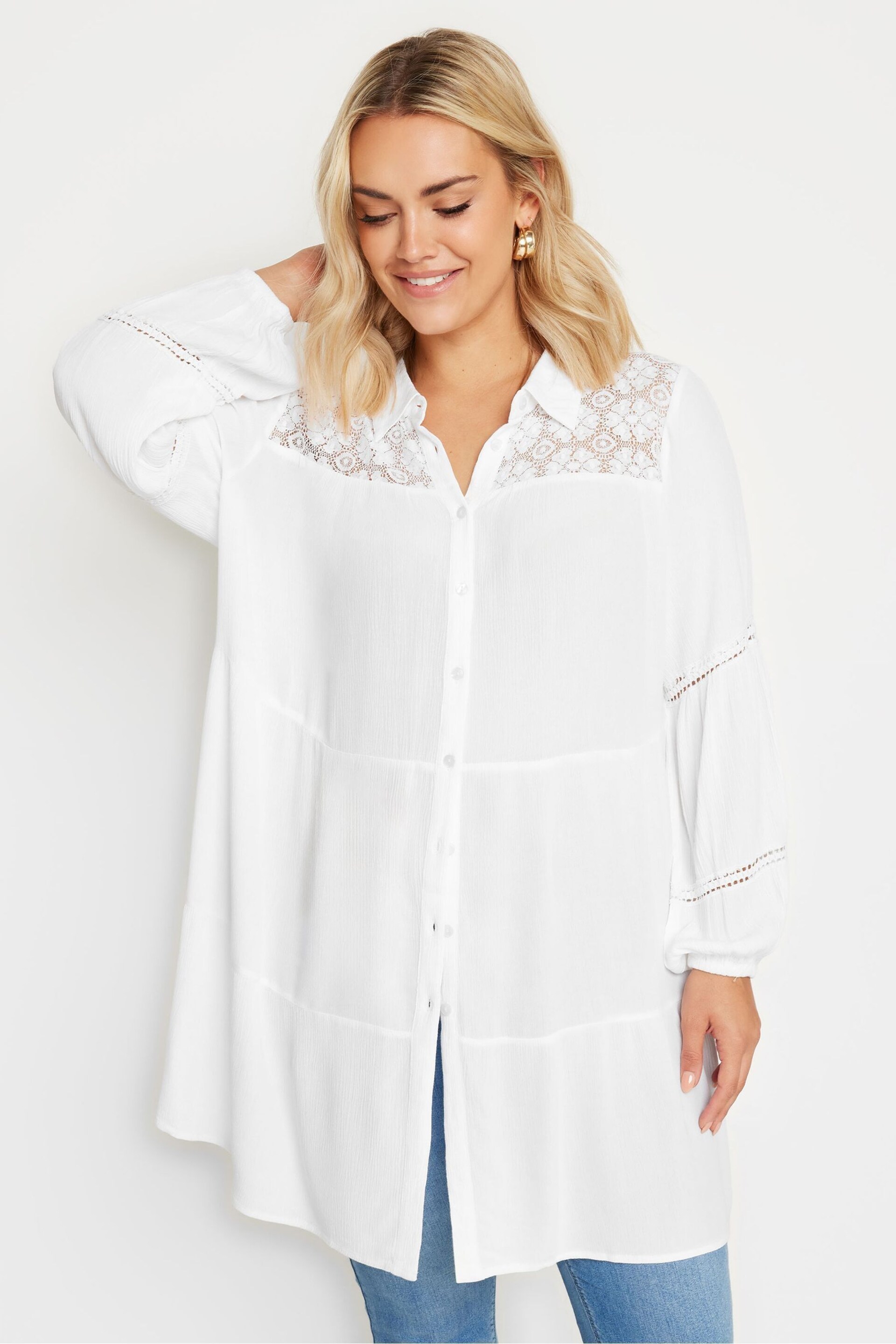 Yours Curve White Boho Long Sleeve Tiered Shirt - Image 2 of 5