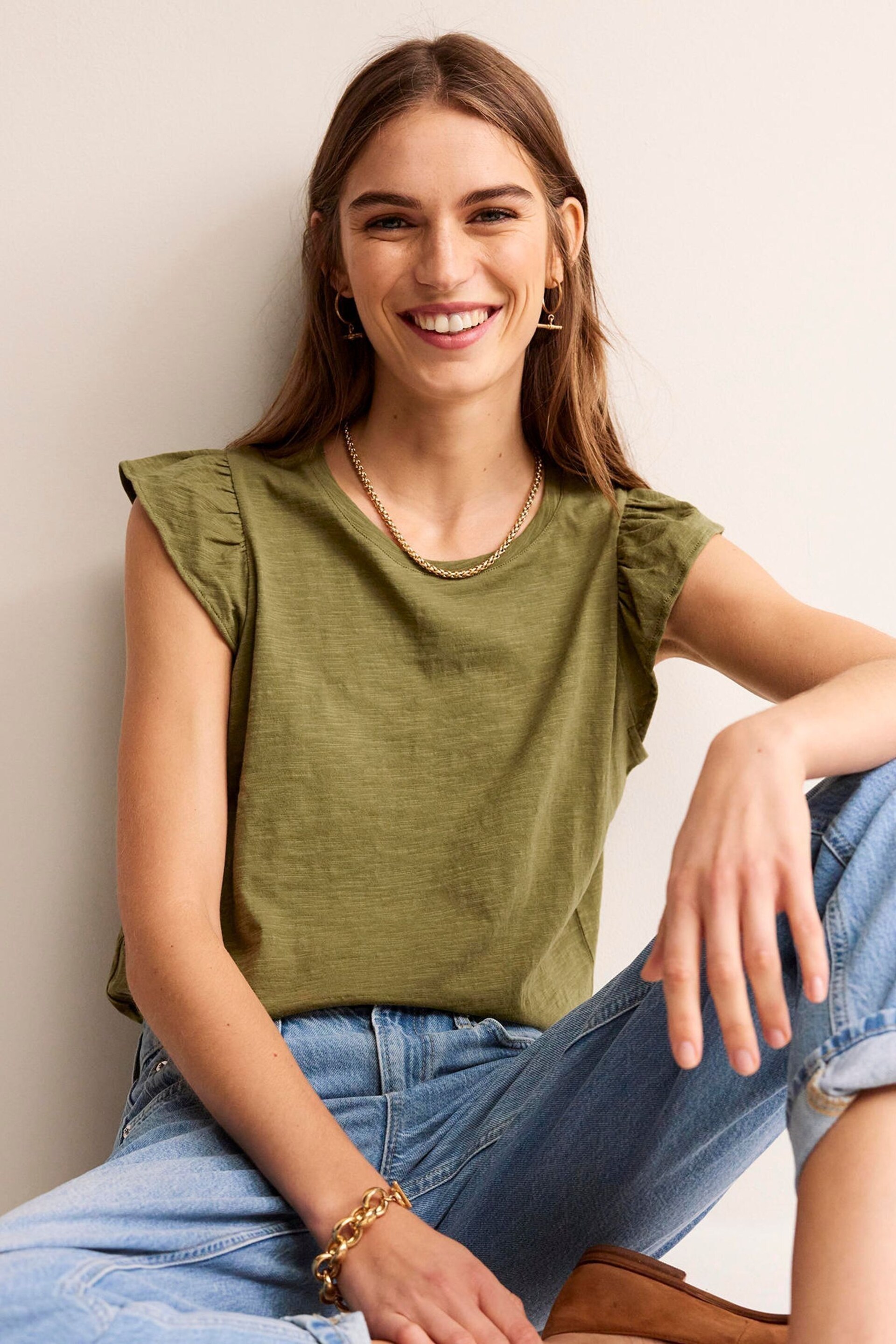 Boden Green Cotton Flutter Top - Image 1 of 5