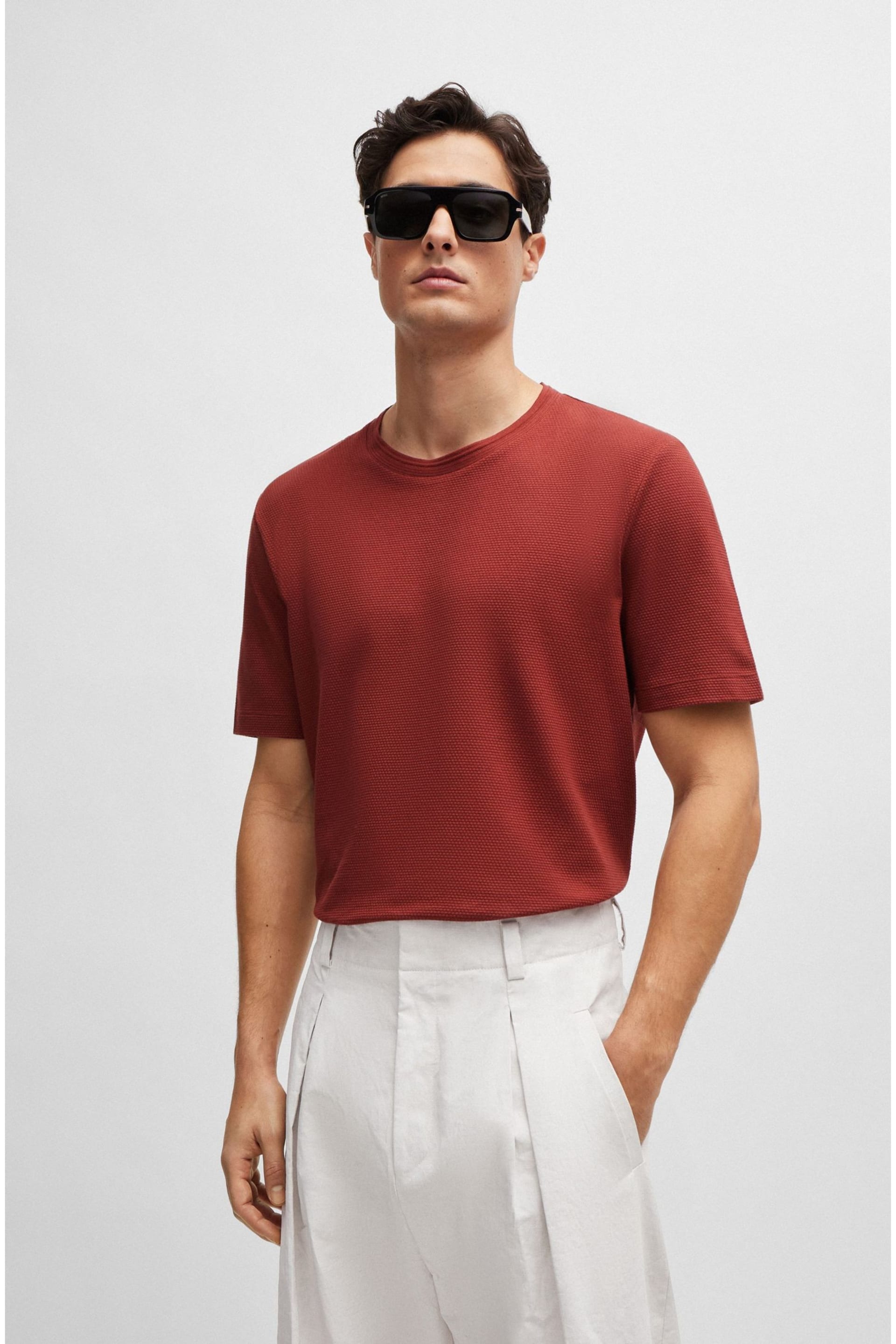 BOSS Red Cotton-Blend T-Shirt With Bubble-Jacquard Structure - Image 1 of 5