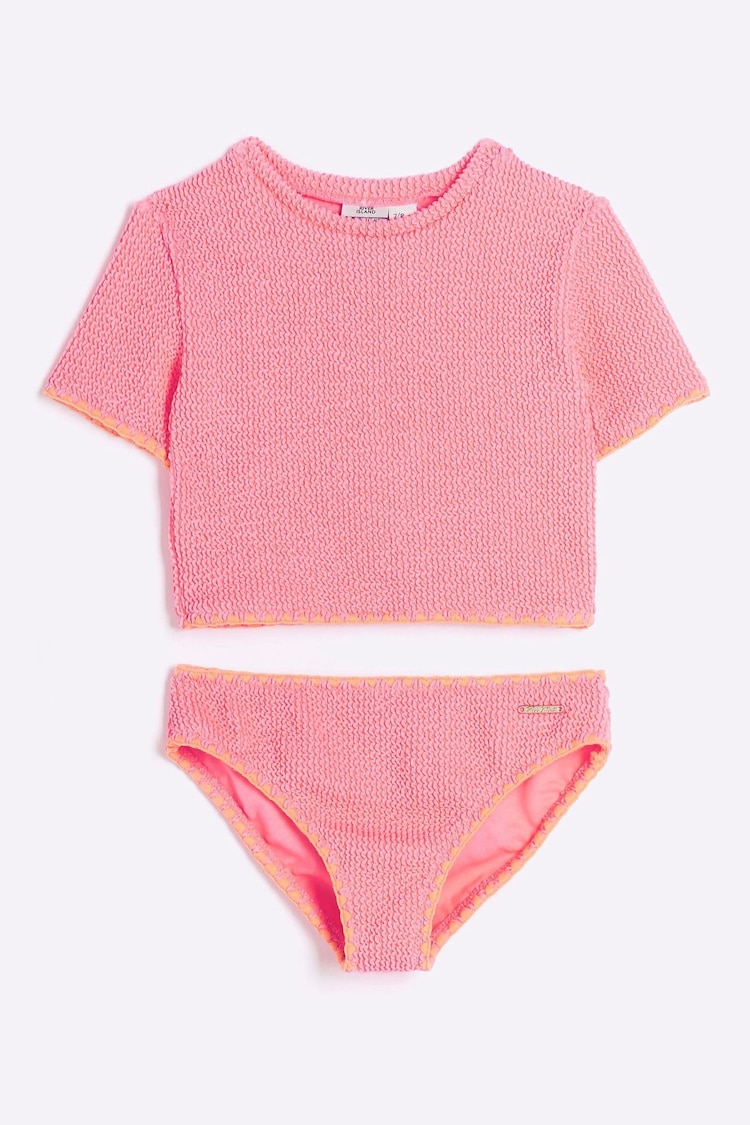 River Island Pink Girls Textured T-Shirt Bikini Set - Image 1 of 4