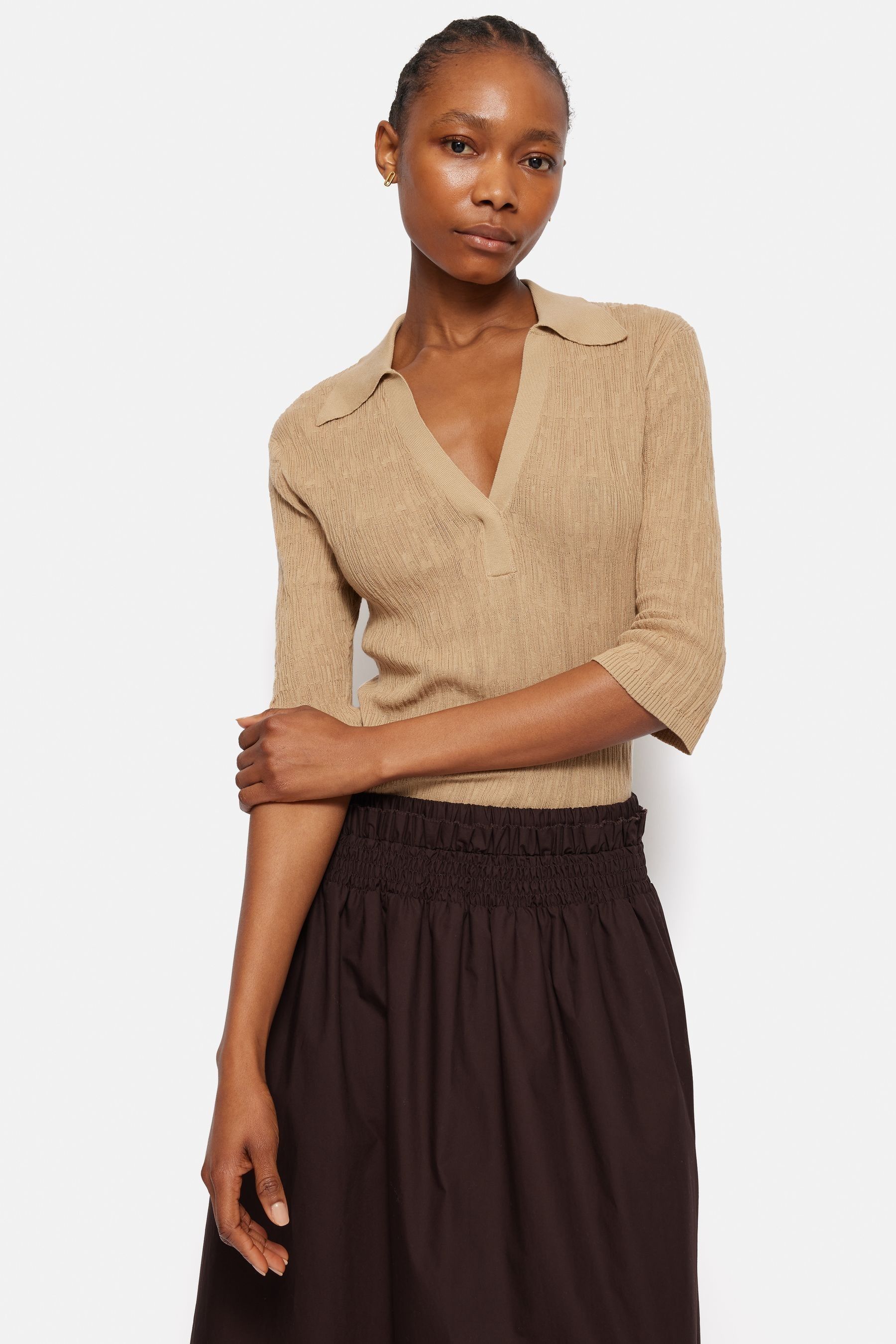 Buy Jigsaw Brown 100 Cotton Collar Knitted Top from the Next UK online shop