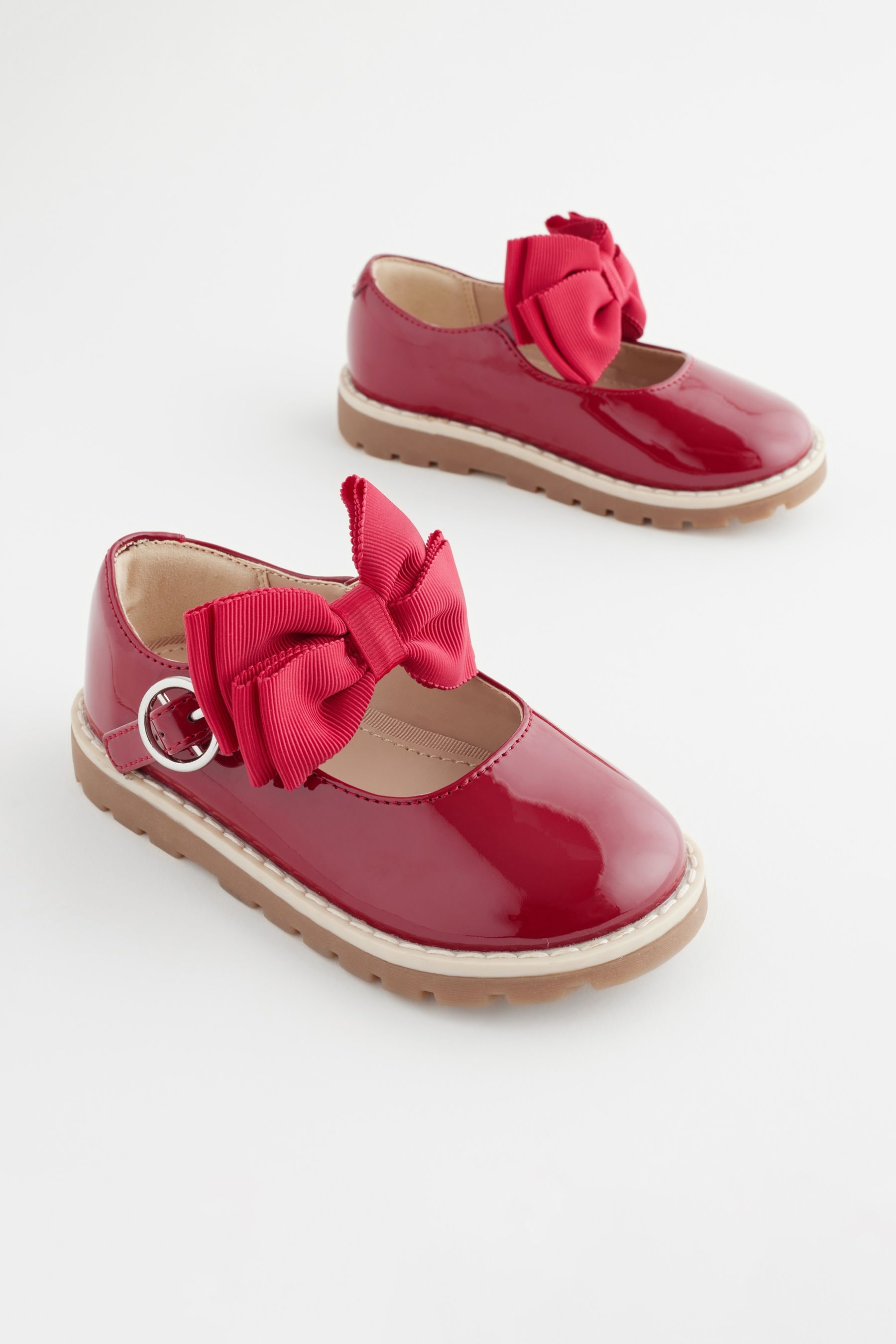 Red Standard Fit F Chunky Bow Mary Jane School Shoes