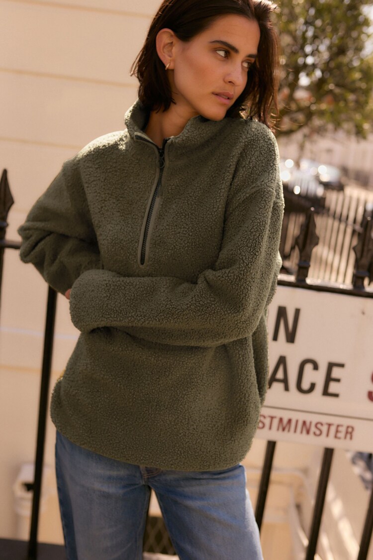 Buy Olive Green Teddy Cosy Longline Quarter Zip Fleece from Next