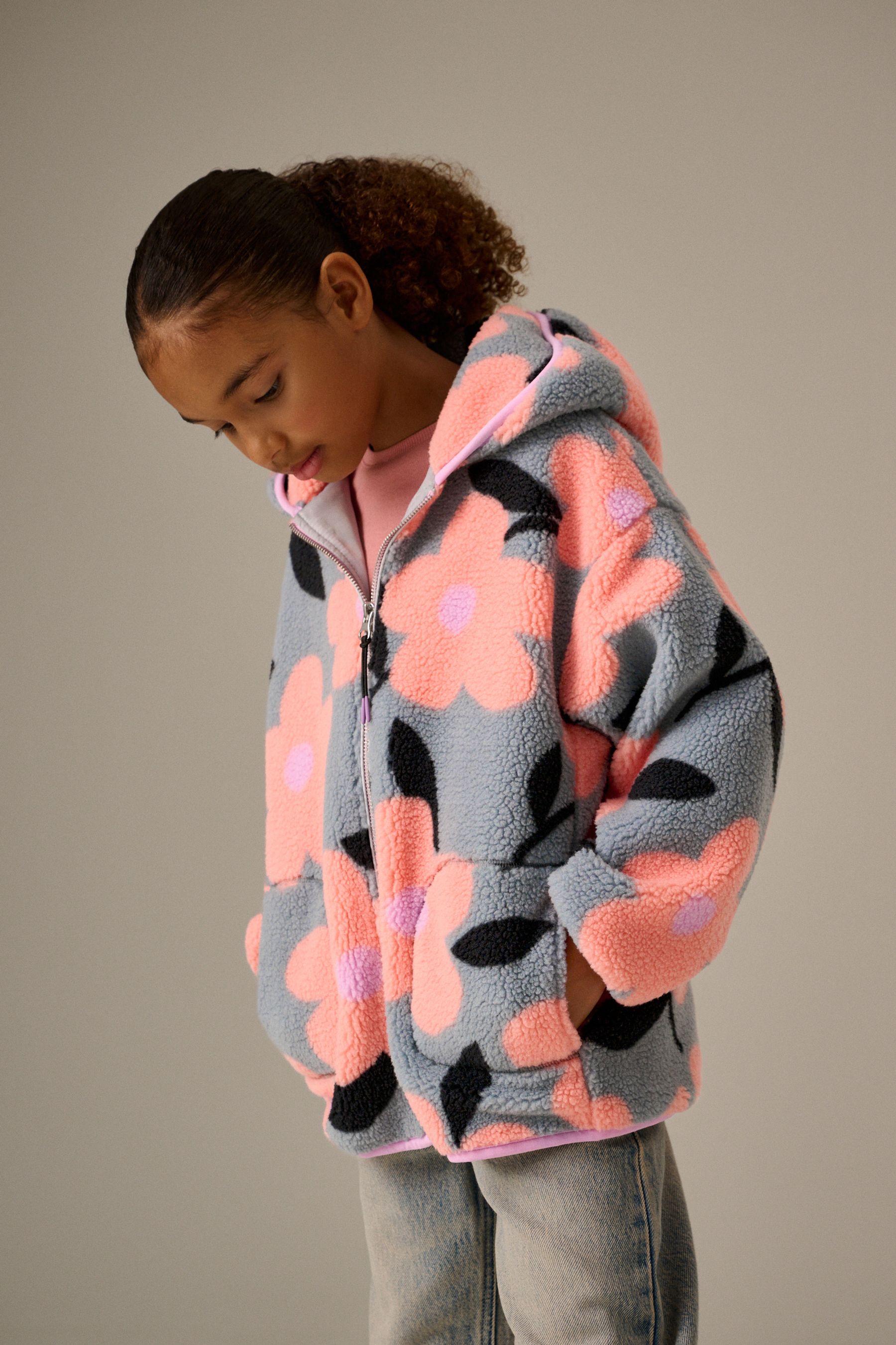 Buy Grey Pink Floral Borg Fleece Hooded Jacket 3 16yrs from Next Canada