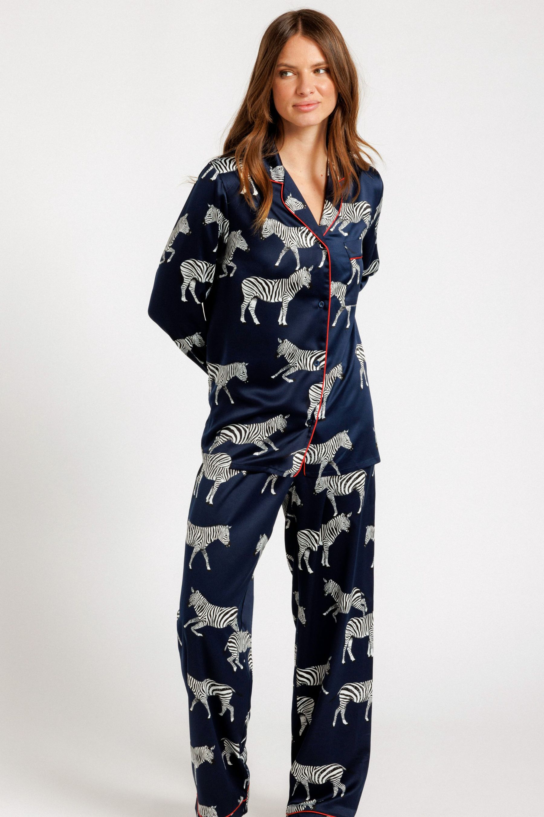 Chelsea Peers Blue Satin Zebra Print Long Pyjama Set 10 Womens