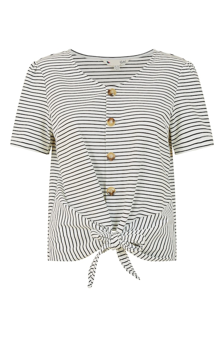 Yumi White 100% Cotton Striped Jersey Button Detail Top - Image 4 of 4