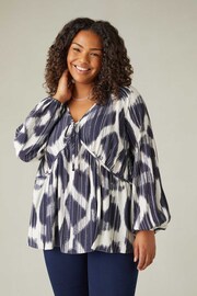 Live Unlimited Blue Curve Geo Print Tie Neck Blouse - Image 4 of 8