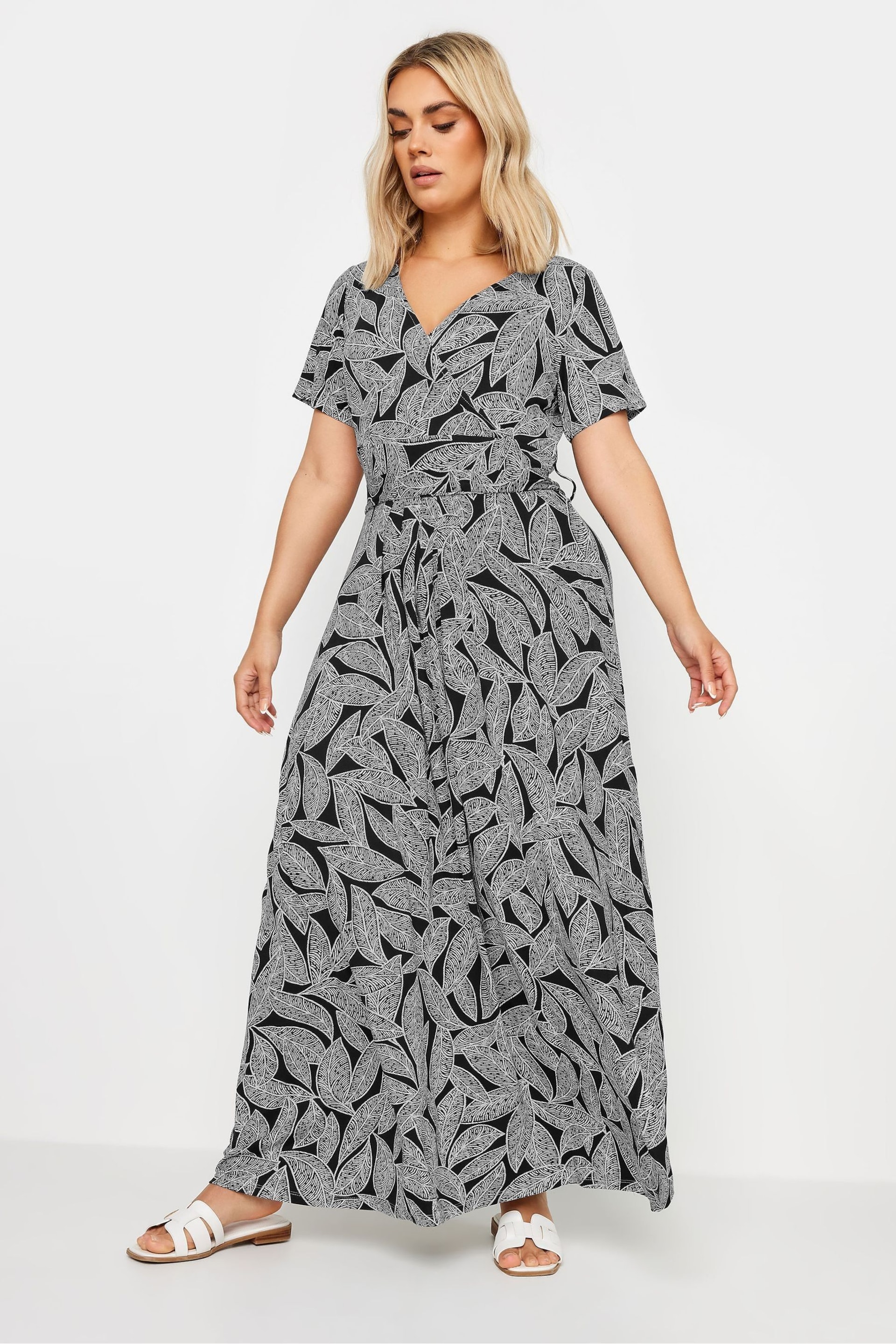 Yours Curve Black Leaf Print Tie Maxi Dress - Image 1 of 5