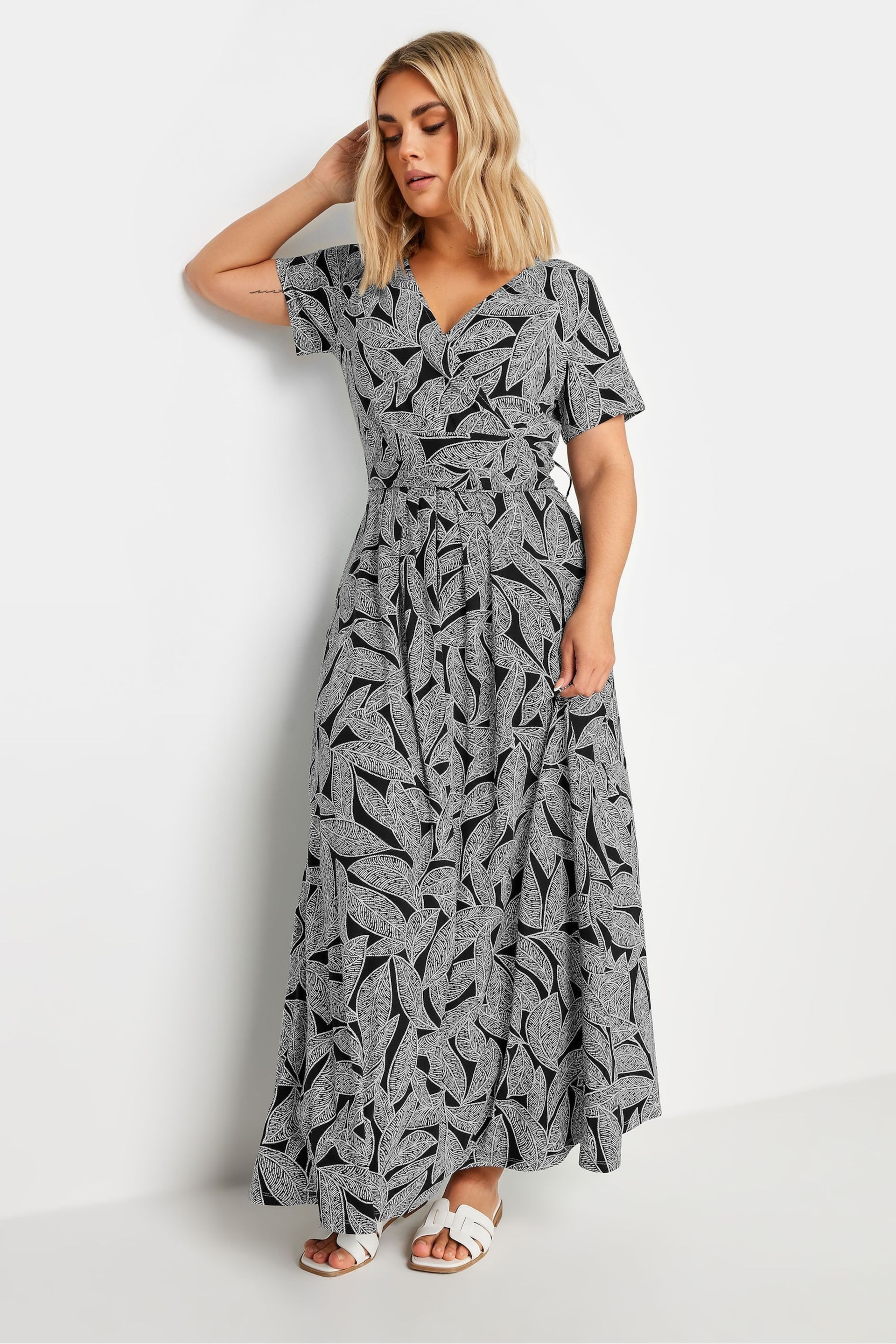 Yours Curve Black Leaf Print Tie Maxi Dress - Image 2 of 5