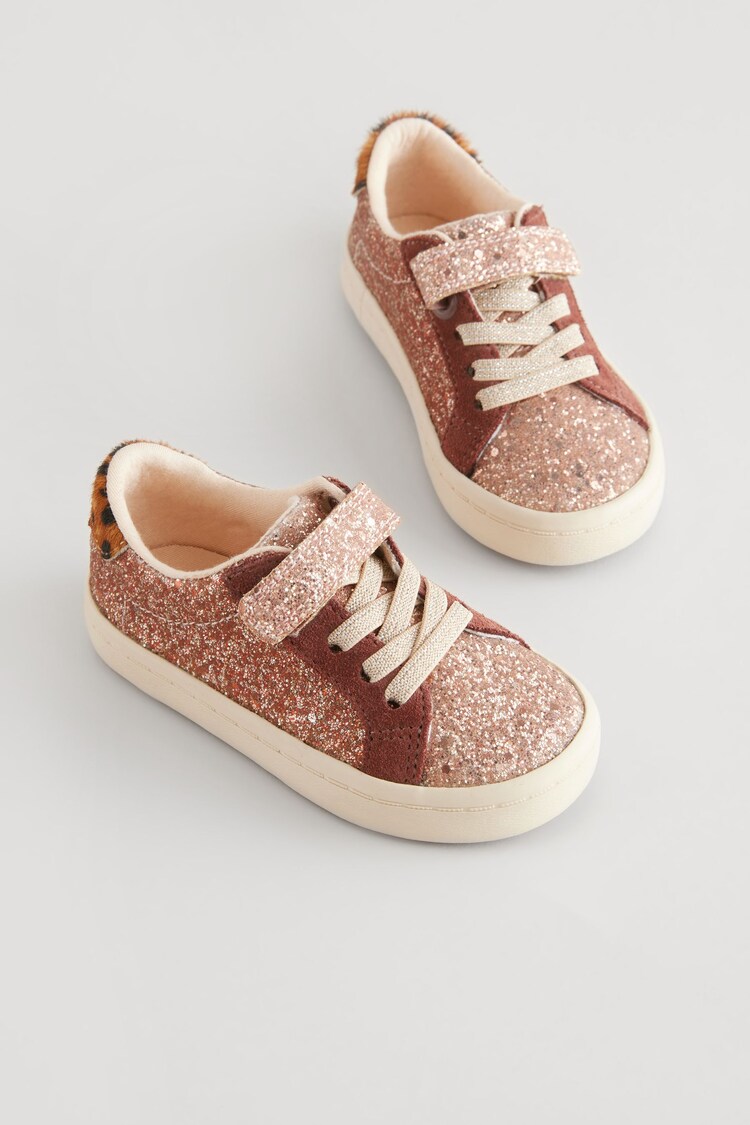 Rose Gold Glitter Wide Fit (G) Elastic Lace Trainers - Image 1 of 4