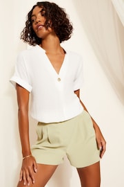 Friends Like These White Petite V Neck Roll Sleeve Button Blouse - Image 3 of 4