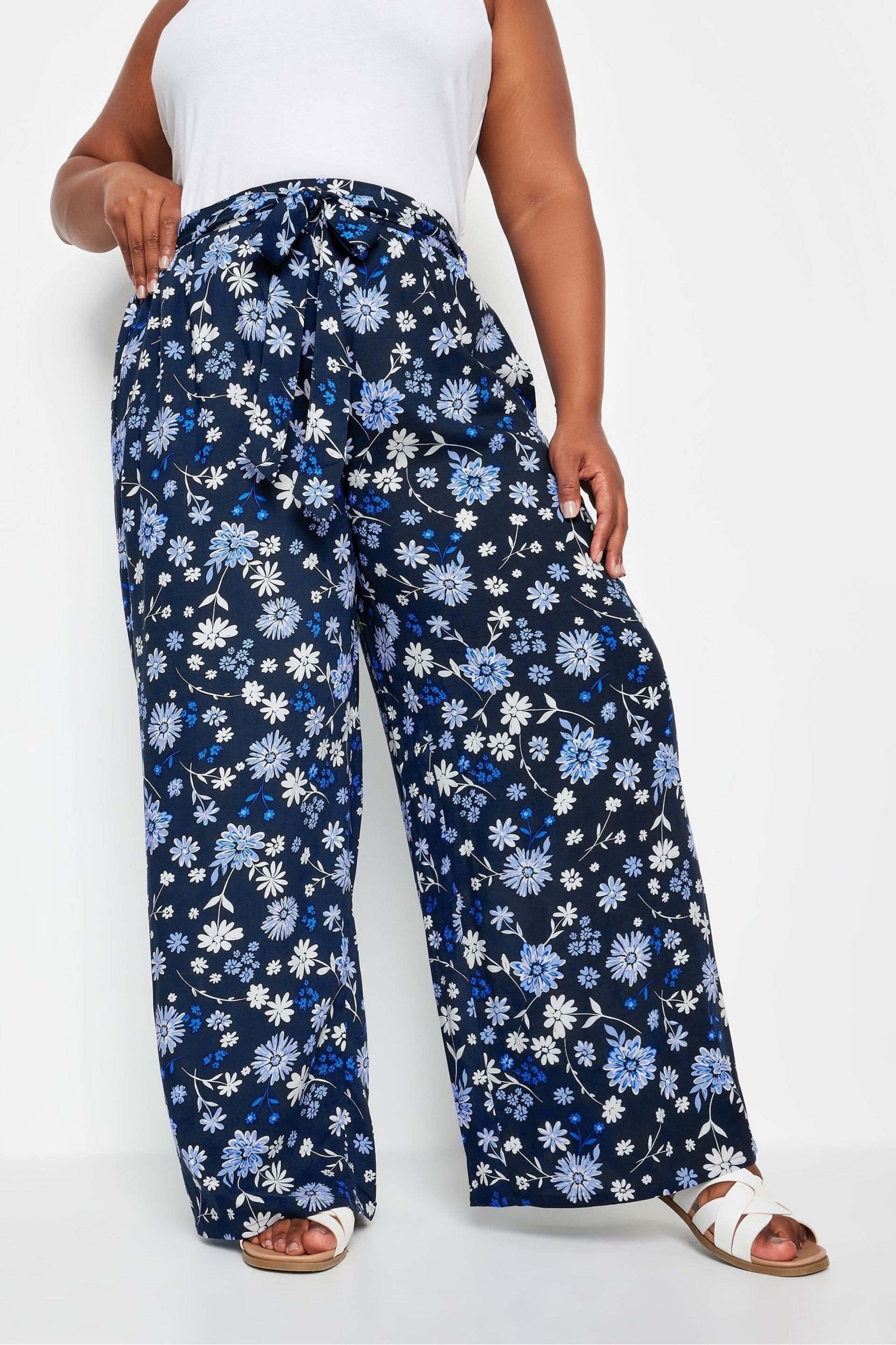 Yours Curve Blue Floral Print Shirred Wide Leg Trousers - Image 1 of 5