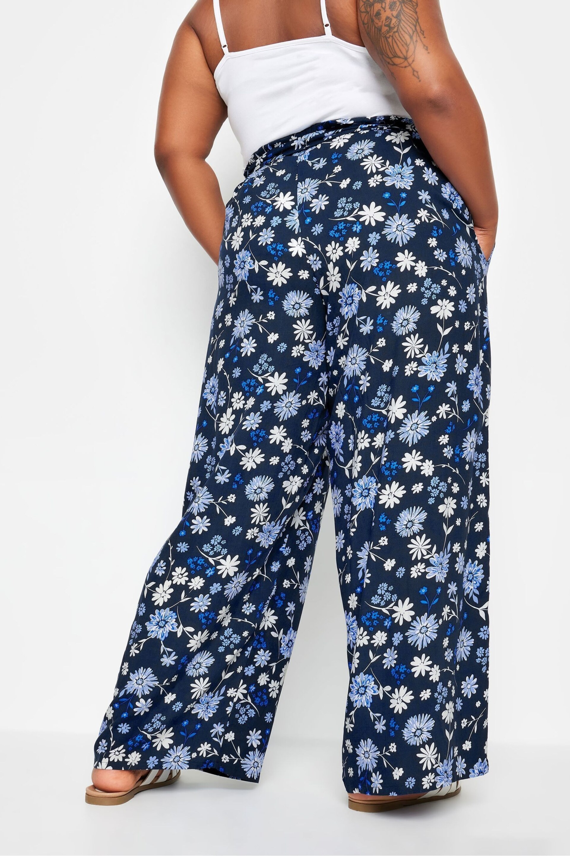 Yours Curve Blue Floral Print Shirred Wide Leg Trousers - Image 2 of 5