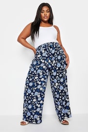 Yours Curve Blue Floral Print Shirred Wide Leg Trousers - Image 4 of 5