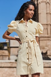 Sosandar Yellow Petite Petite Puff Sleeve Belted Denim Dress - Image 1 of 6