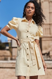 Sosandar Yellow Petite Petite Puff Sleeve Belted Denim Dress - Image 2 of 6